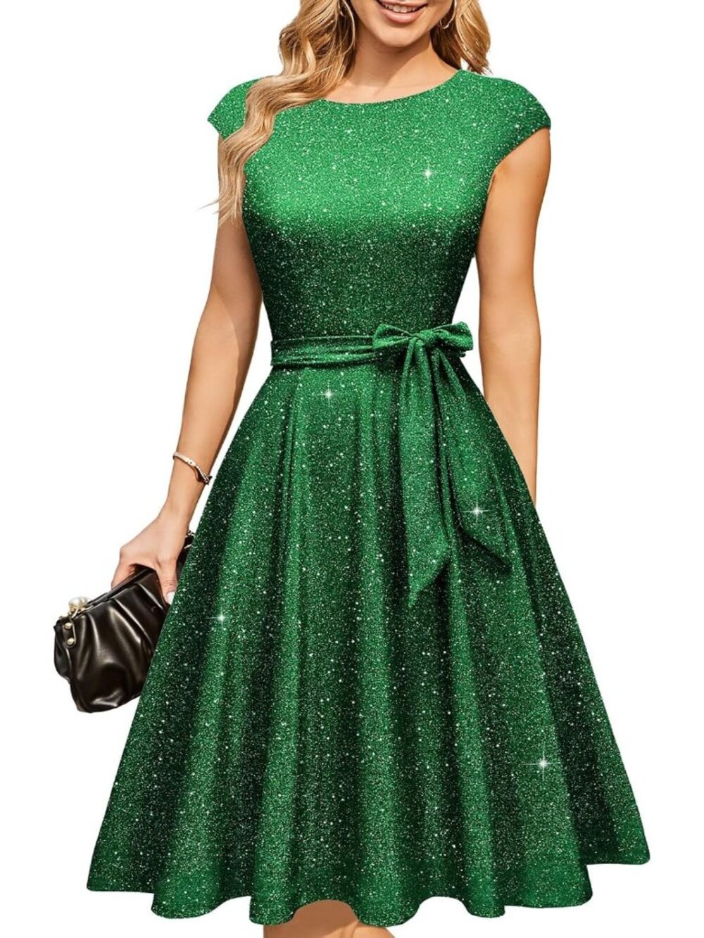 Women's Glitter Green A-line Detachable Belt Formal Wedding Guest Party Dresses